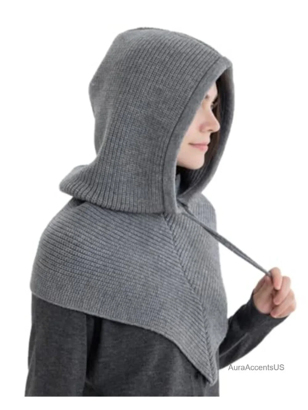 2 in 1 Hooded Scarf Balaclava Knitted Winter Beanie Hat Women